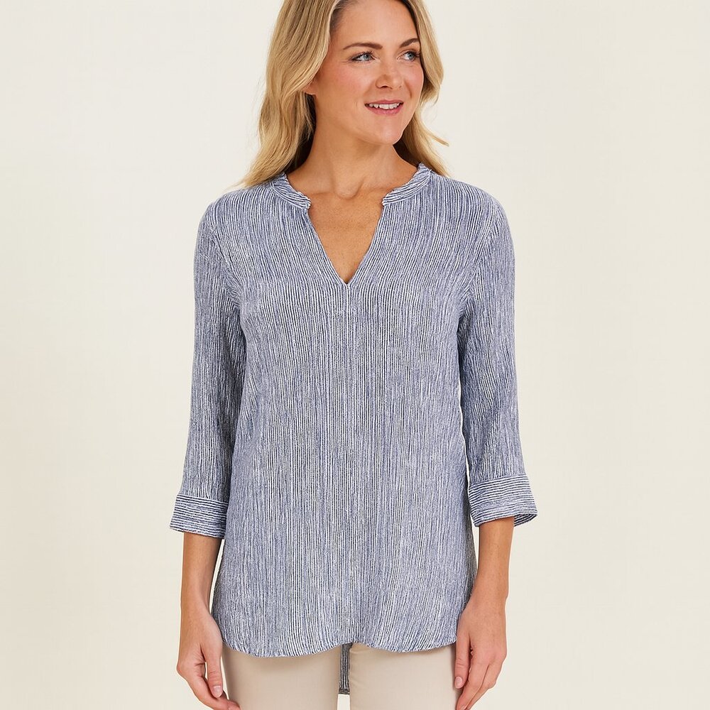 FDJ Blue & White Striped Tunic Blouse | Size 6 | Made in Canada